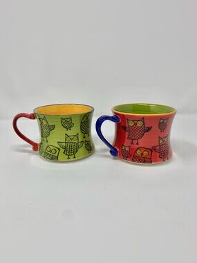 Set of 2 Beautiful colorful owl decorated Pier 1 Hand painted Stoneware mugs10oz